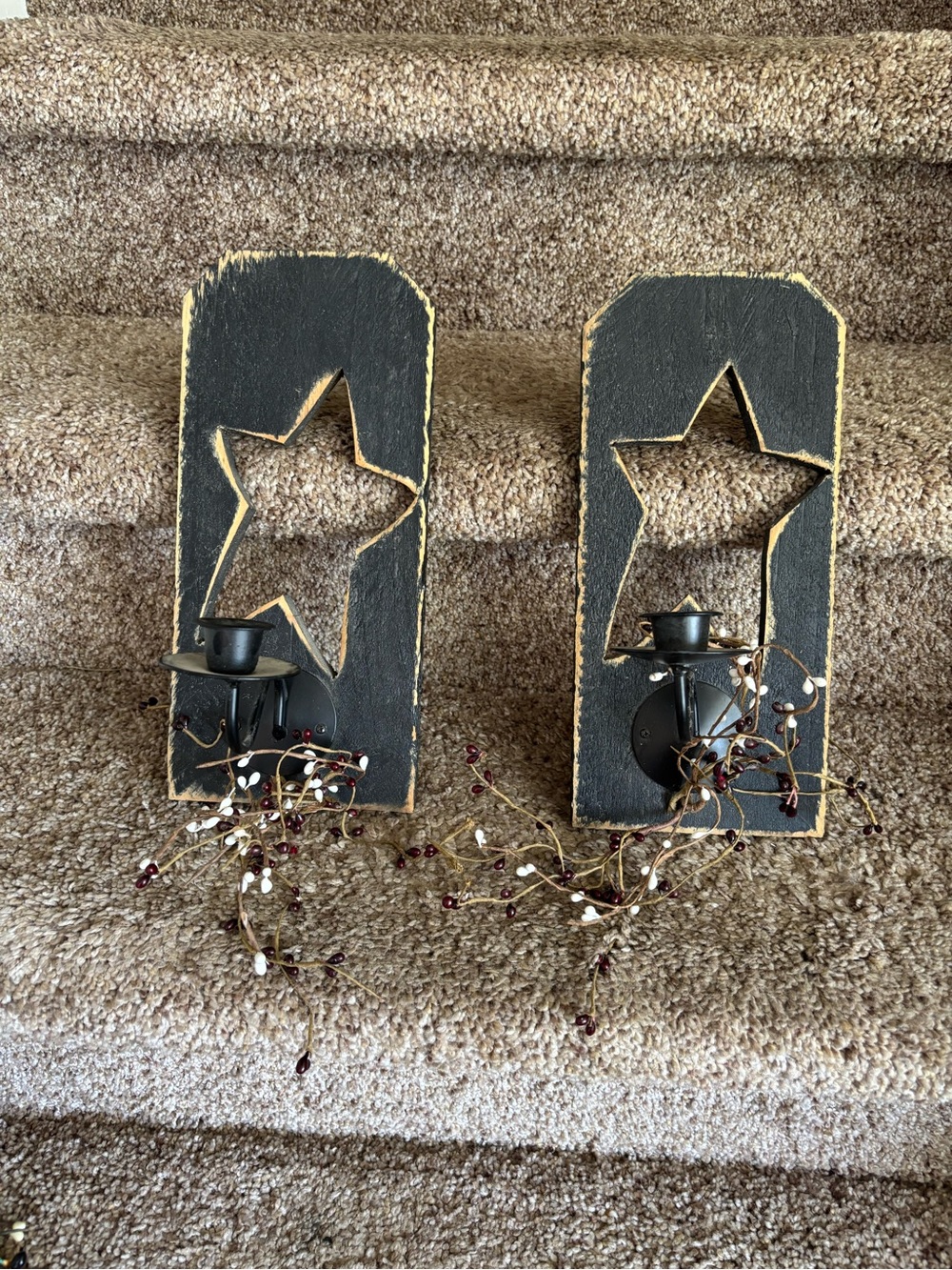 Rustic Black Star Wall Sconce Pair with Berry Accents - Home Accents